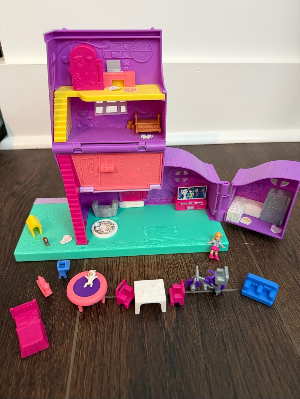 Portable Polly Pocket Fold-Open Dollhouse Playset in Purple, Pink & Yellow